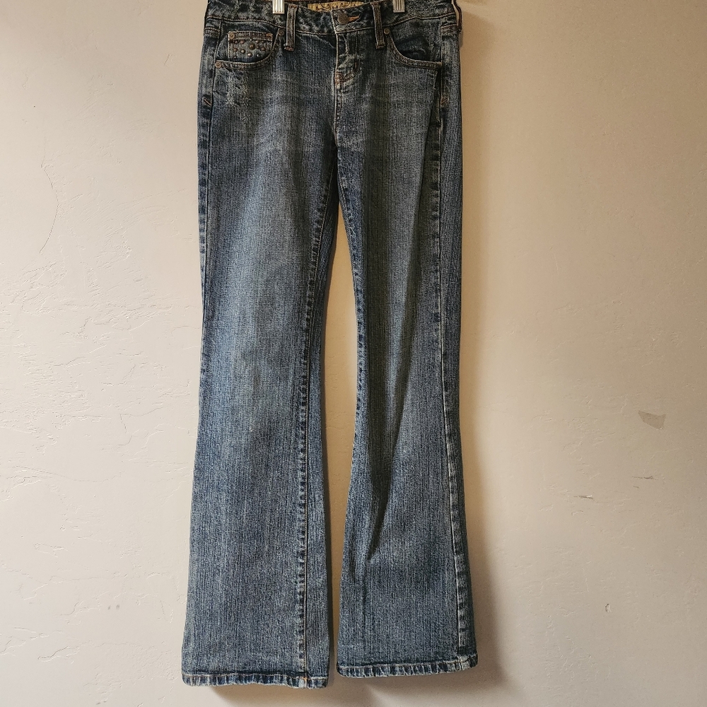 Vintage Hint H Jeans Y2k Blue Denim Size 28 Flare Embelishment‎ Flap Pockets